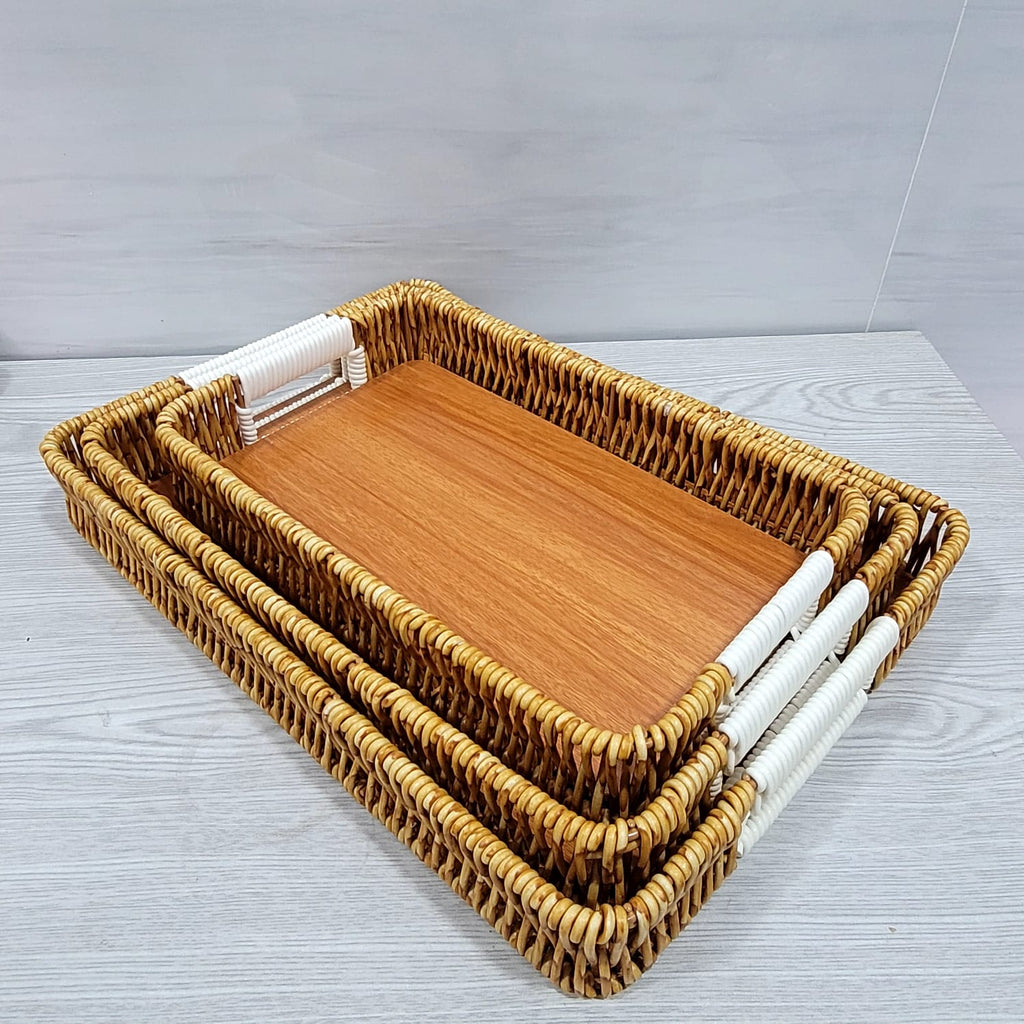 3 piece wicker tray set