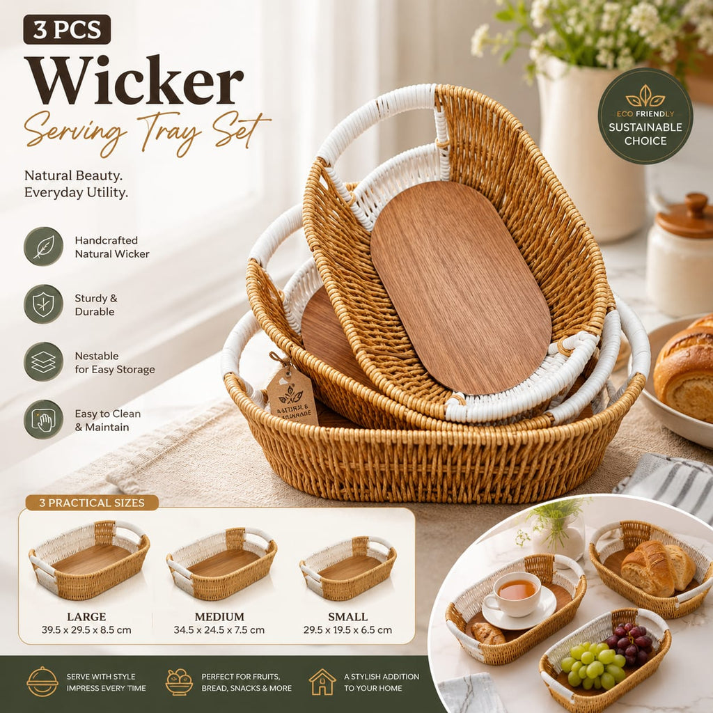 3 piece wicker tray set