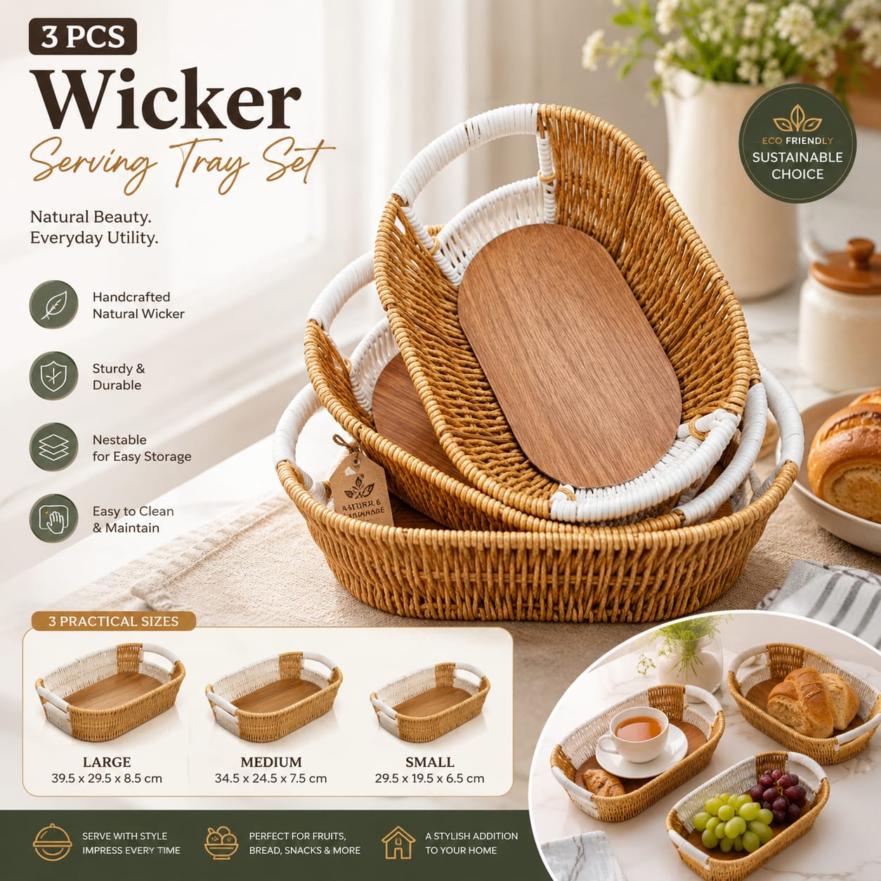 3 piece wicker tray set